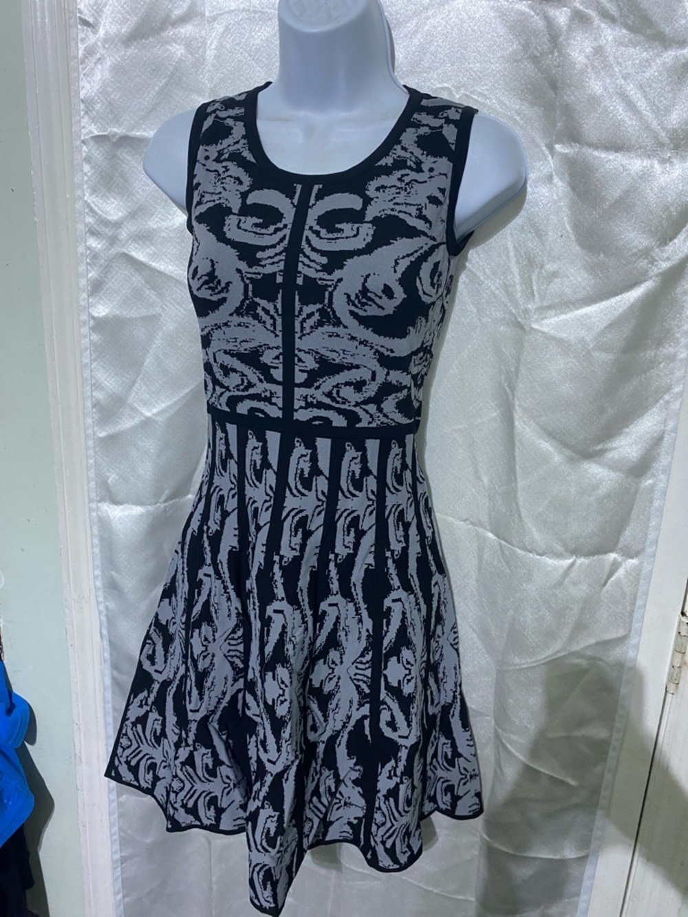 Sleeveless Black and Gray Patterned Knit Fit & Flare Mini Dress